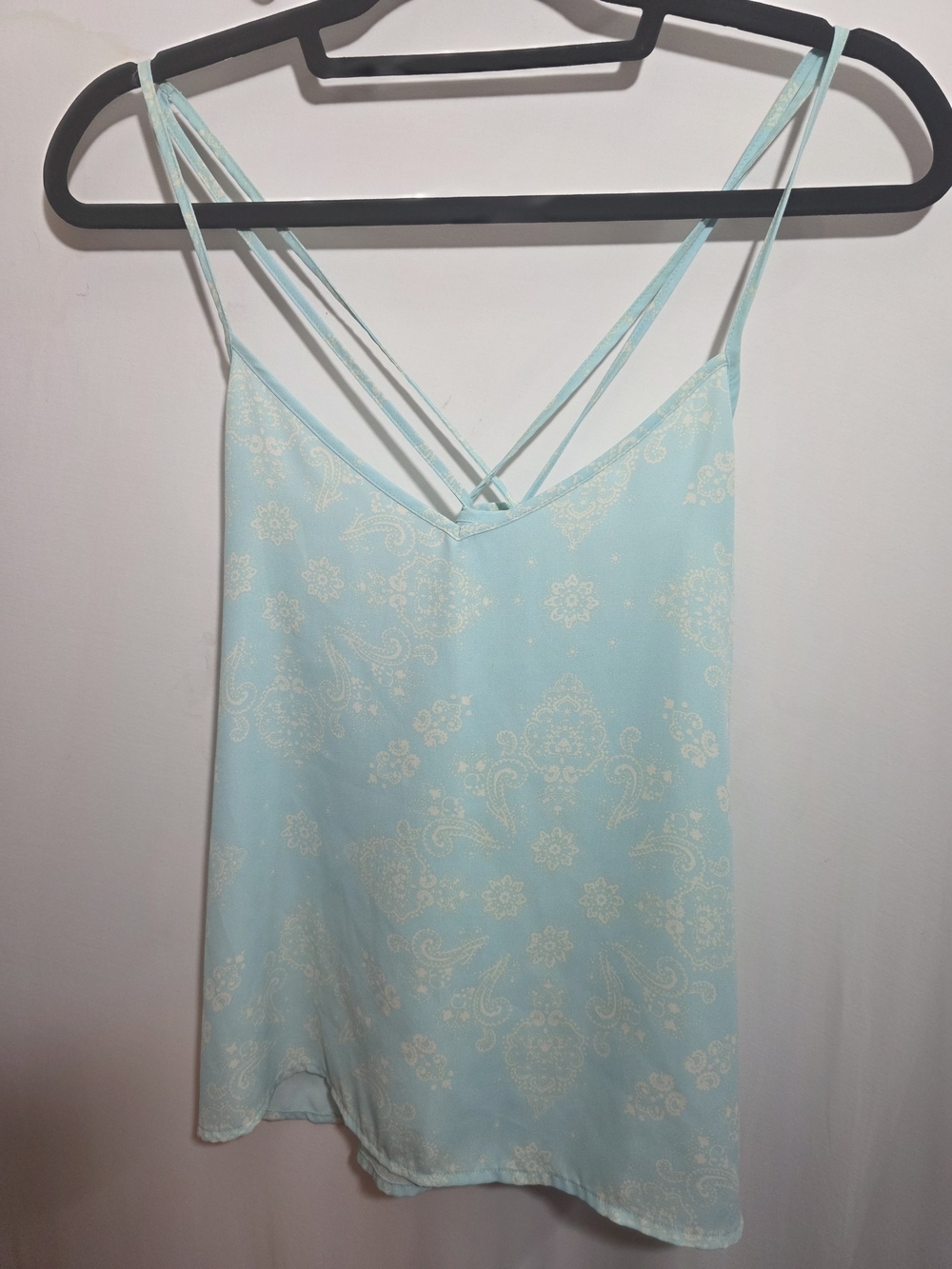 Hollister Light Blue Paisley Satin Cami with Crisscross Straps